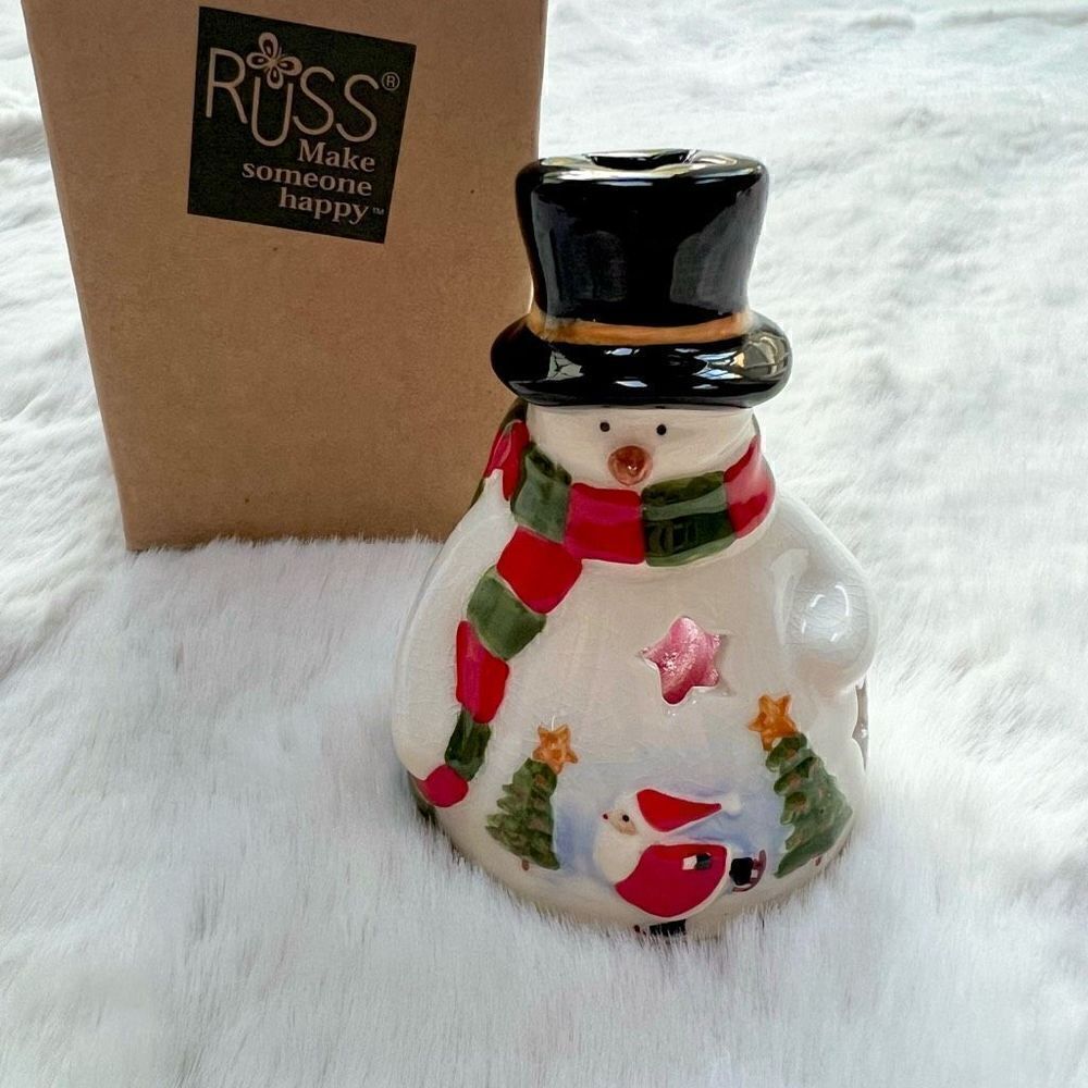 NIB Russ Christmas Holiday Tea Light Holder Snowman Votive Candle Ceramic NEW